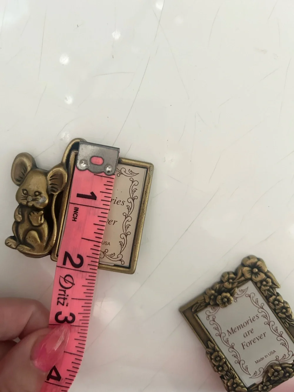 Set of 2 Vintage Mini Brass Mouse Rose Picture Frames Trinket Shelf